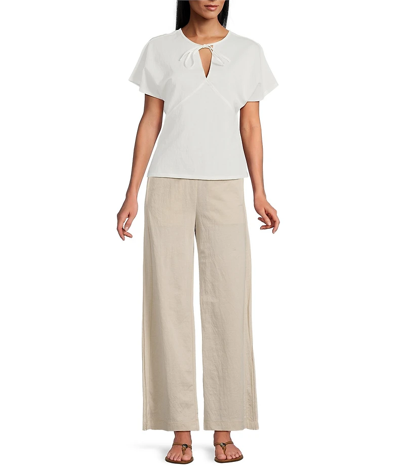 Feather Gray Cotton Blend Crew Neck Keyhole Tie Top