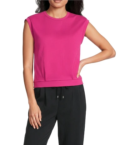 Feather Gray Cotton-Blend Crew Neck Sleeveless Pleated Muscle Tee