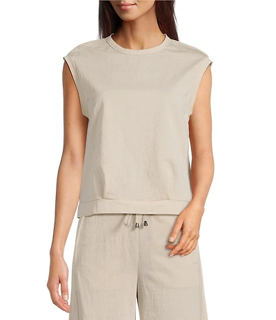 Feather Gray Cotton-Blend Crew Neck Sleeveless Pleated Muscle Tee