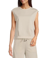 Feather Gray Cotton-Blend Crew Neck Sleeveless Pleated Muscle Tee