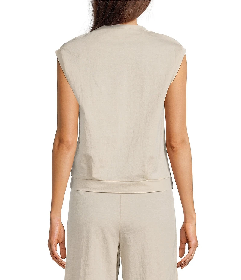 Feather Gray Cotton-Blend Crew Neck Sleeveless Pleated Muscle Tee