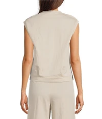 Feather Gray Cotton-Blend Crew Neck Sleeveless Pleated Muscle Tee