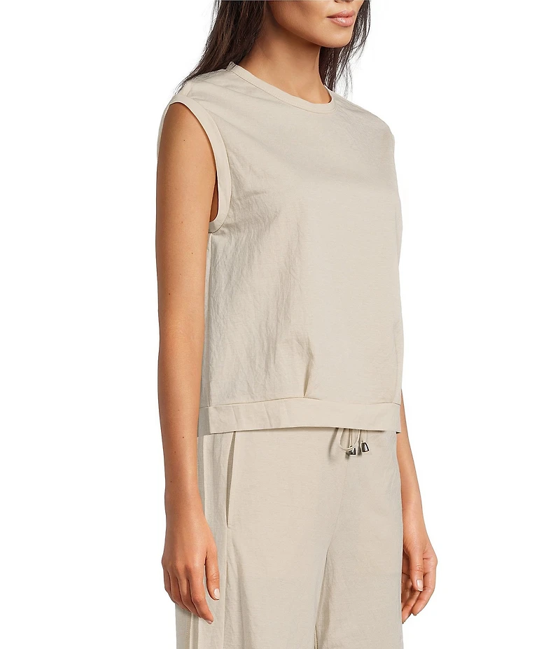 Feather Gray Cotton-Blend Crew Neck Sleeveless Pleated Muscle Tee