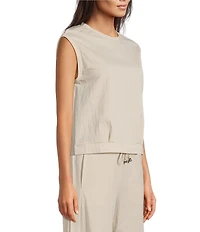 Feather Gray Cotton-Blend Crew Neck Sleeveless Pleated Muscle Tee