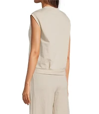 Feather Gray Cotton-Blend Crew Neck Sleeveless Pleated Muscle Tee