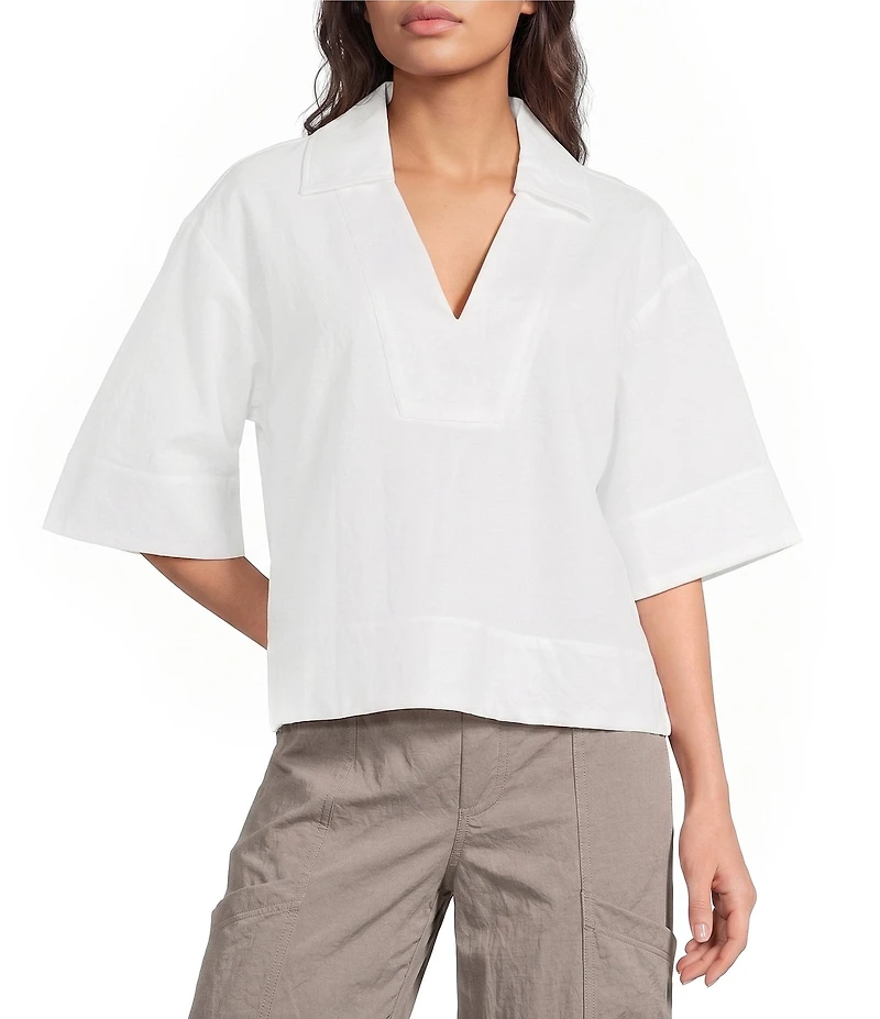 Feather Gray Cotton-Blend Crinkle Knit Collared V-Neck Elbow Sleeve Top