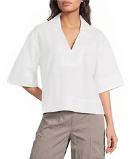 Feather Gray Cotton-Blend Crinkle Knit Collared V-Neck Elbow Sleeve Top