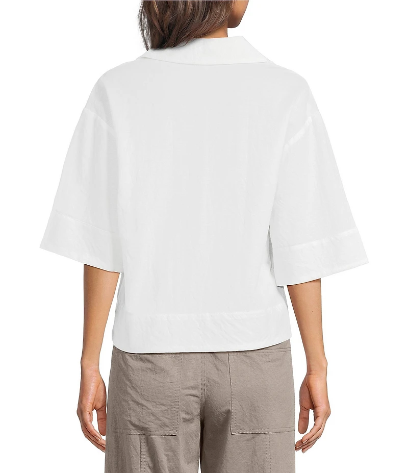 Feather Gray Cotton-Blend Crinkle Knit Collared V-Neck Elbow Sleeve Top