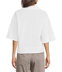 Feather Gray Cotton-Blend Crinkle Knit Collared V-Neck Elbow Sleeve Top