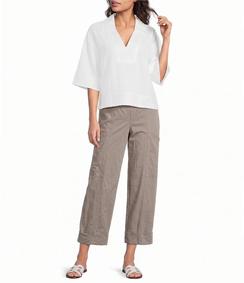Feather Gray Cotton-Blend Crinkle Knit Collared V-Neck Elbow Sleeve Top