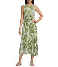 Feather Gray Cotton-Blend Shadow Palm Print Ruched Fitted Maxi Dress