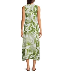 Feather Gray Cotton-Blend Shadow Palm Print Ruched Fitted Maxi Dress