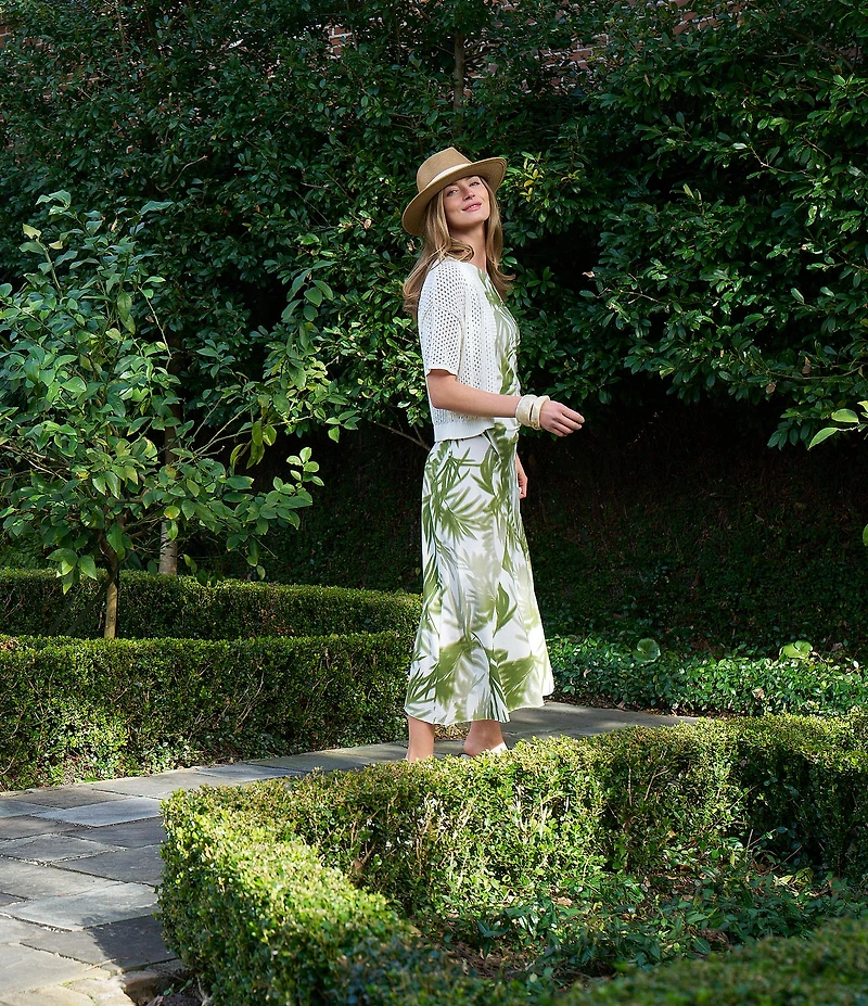 Feather Gray Cotton-Blend Shadow Palm Print Ruched Fitted Maxi Dress