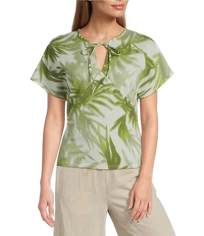 Feather Gray Cotton-Blend Shadow Palms Print Crew Neck Keyhole Short Sleeve Tie Top