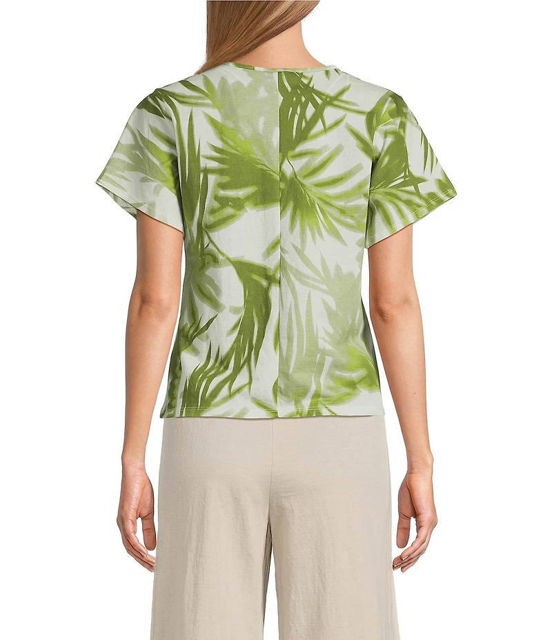 Feather Gray Cotton-Blend Shadow Palms Print Crew Neck Keyhole Short Sleeve Tie Top