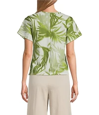 Feather Gray Cotton-Blend Shadow Palms Print Crew Neck Keyhole Short Sleeve Tie Top