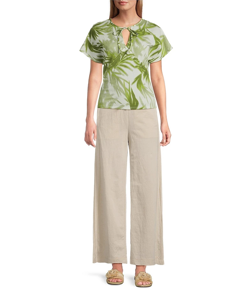 Feather Gray Cotton-Blend Shadow Palms Print Crew Neck Keyhole Short Sleeve Tie Top