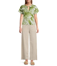 Feather Gray Cotton-Blend Shadow Palms Print Crew Neck Keyhole Short Sleeve Tie Top