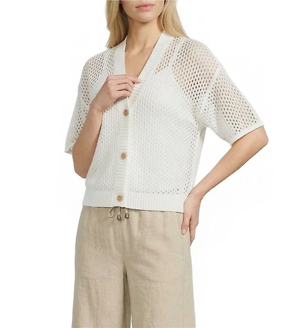 Feather Gray Cotton Blend V-Neck Short Sleeve Button Front Open Stitch Cardigan