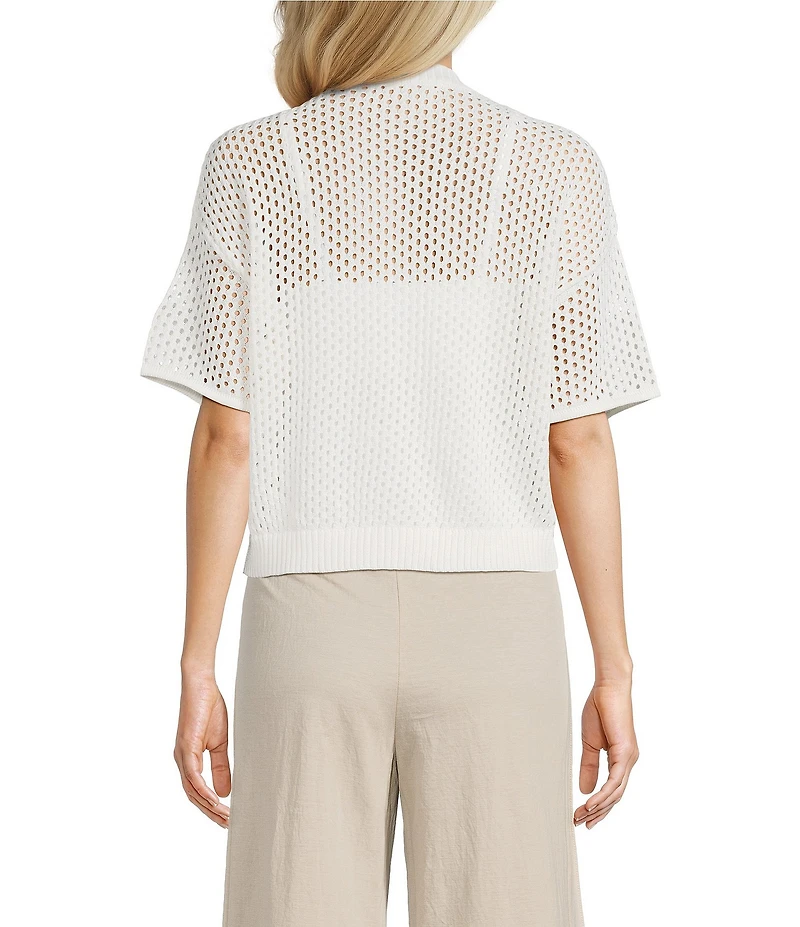 Feather Gray Cotton Blend V-Neck Short Sleeve Button Front Open Stitch Cardigan