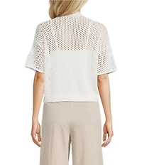 Feather Gray Cotton Blend V-Neck Short Sleeve Button Front Open Stitch Cardigan