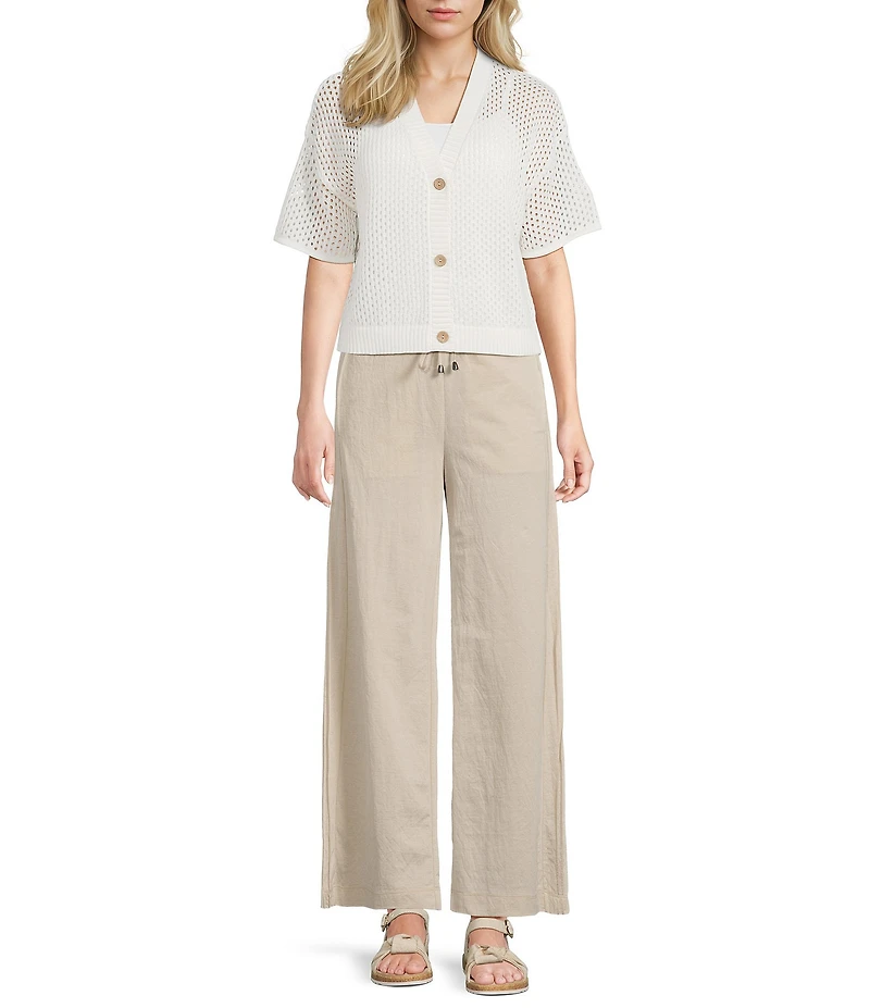 Feather Gray Cotton Blend V-Neck Short Sleeve Button Front Open Stitch Cardigan