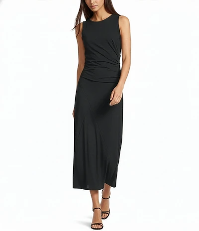 Feather Gray Crew Neck Sleeveless Ruched Fitted Maxi Dress