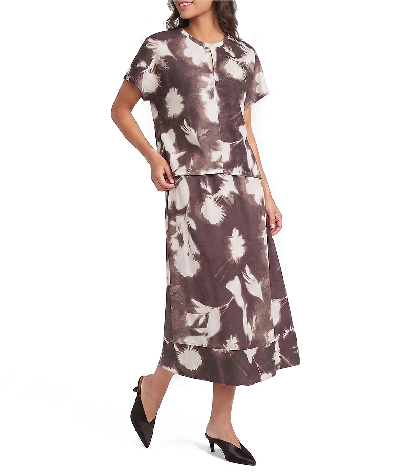 Feather Gray Crinkle Knit Cotton Blend A-Line Midi Coordinating Skirt