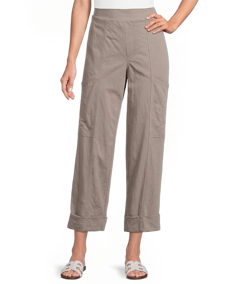 Feather Gray Crinkle Knit Cropped Cargo Barrel Pull-On Pants