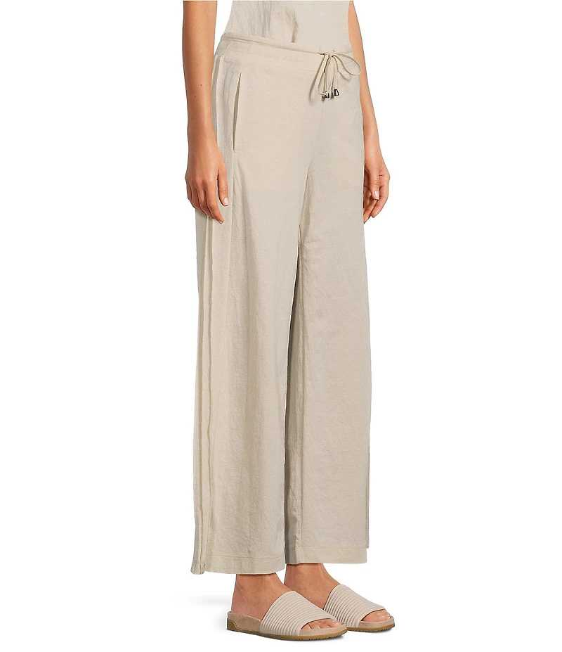 Feather Gray Crinkle Knit Wide Leg Drawstring Waist Pull-On Ankle Pants