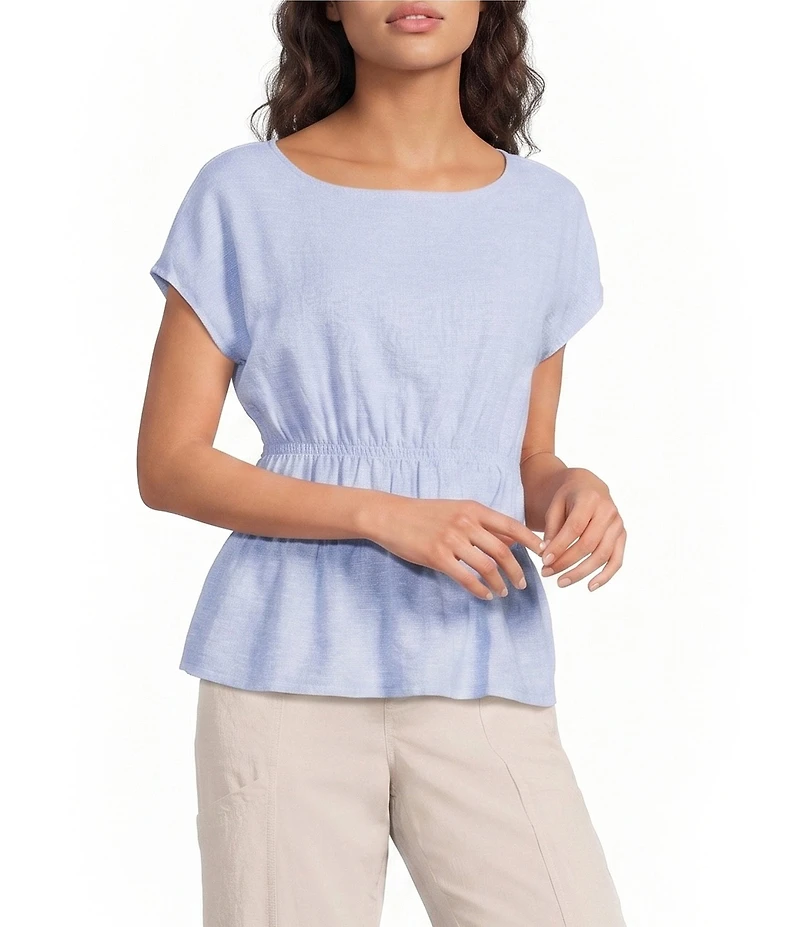 Feather Gray Cross-Dye Linen-Blend Coordinating Boat Neck Cap Sleeve Smocked Top