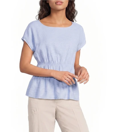 Feather Gray Cross-Dye Linen-Blend Coordinating Boat Neck Cap Sleeve Smocked Top