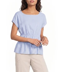 Feather Gray Cross-Dye Linen-Blend Coordinating Boat Neck Cap Sleeve Smocked Top