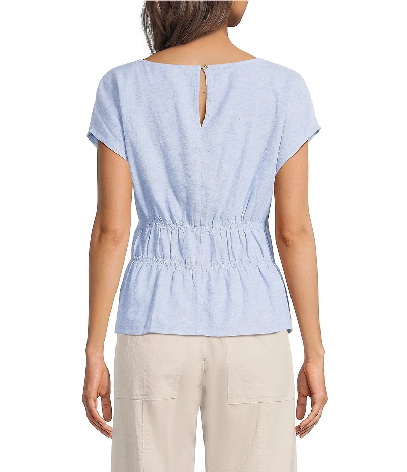 Feather Gray Cross-Dye Linen-Blend Coordinating Boat Neck Cap Sleeve Smocked Top
