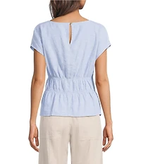 Feather Gray Cross-Dye Linen-Blend Coordinating Boat Neck Cap Sleeve Smocked Top