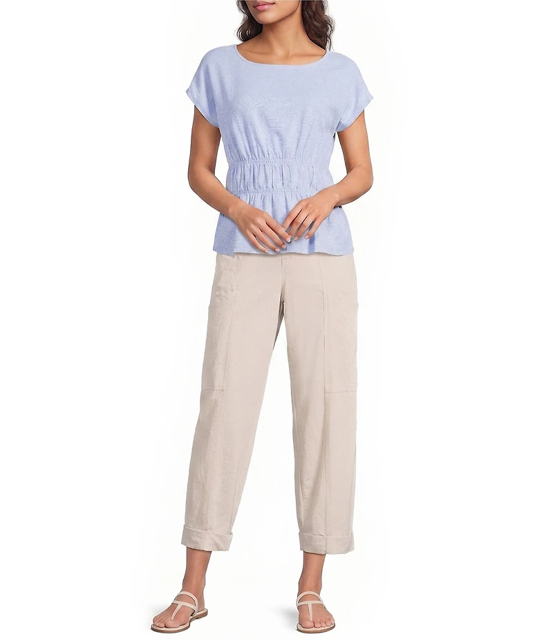Feather Gray Cross-Dye Linen-Blend Coordinating Boat Neck Cap Sleeve Smocked Top