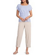 Feather Gray Cross-Dye Linen-Blend Coordinating Boat Neck Cap Sleeve Smocked Top
