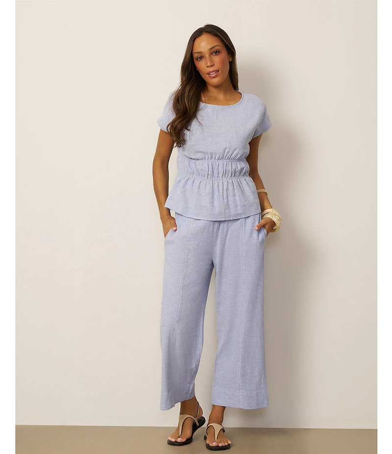 Feather Gray Cross-Dye Linen-Blend Coordinating Boat Neck Cap Sleeve Smocked Top