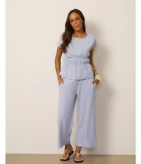Feather Gray Cross-Dye Linen-Blend Coordinating Boat Neck Cap Sleeve Smocked Top