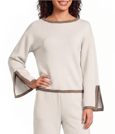 Feather Gray Knit Colorblock Boat Neck Long Sleeve Top