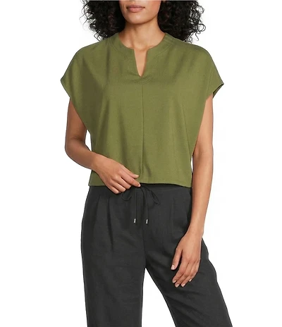 Feather Gray Knit Solid V-Neck Short Dolman Sleeve Top