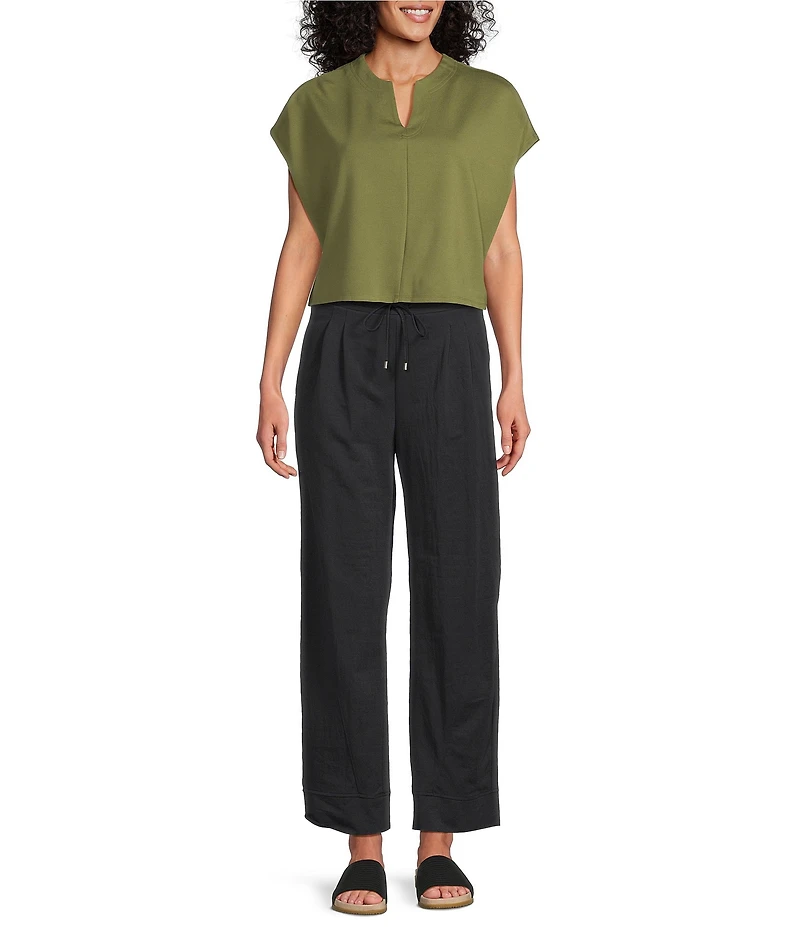 Feather Gray Knit Solid V-Neck Short Dolman Sleeve Top