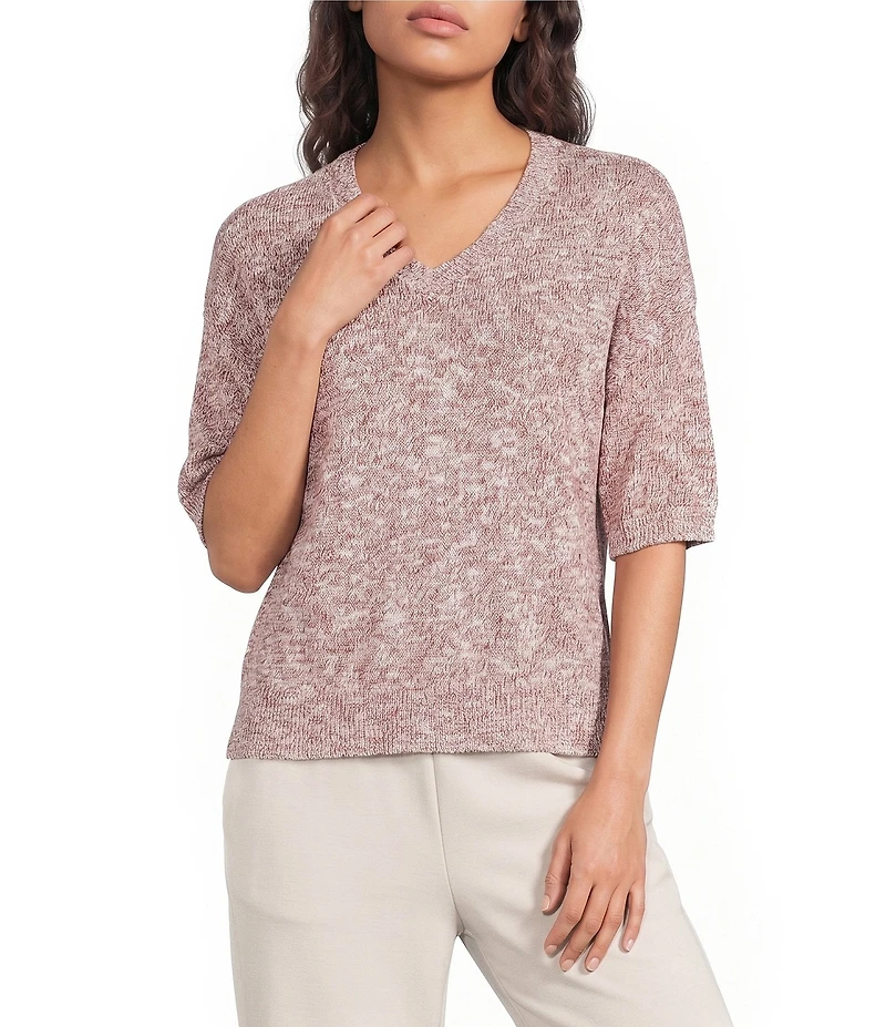 Feather Gray Light Weight Knit V-Neck Elbow Length Sleeve Sweater
