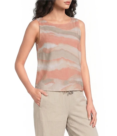Feather Gray Linen-Blend Coral Watercolor Print Boat Neck Sleeveless Top