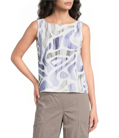 Feather Gray Linen-Blend Watercolor Coral Print Boat Neck Sleeveless Top