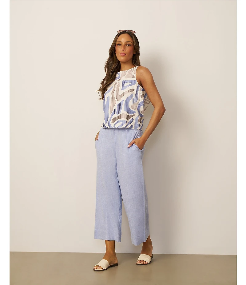 Feather Gray Linen Blend Coordinating Wide Leg Trouser Pull-On Cropped Pants