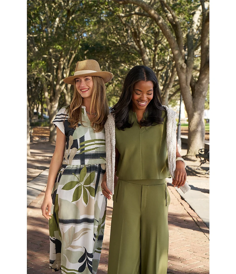 Feather Gray Olive Leafy Graphic Print Twofer Midi Dress