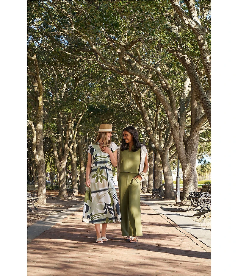 Feather Gray Olive Leafy Graphic Print Twofer Midi Dress