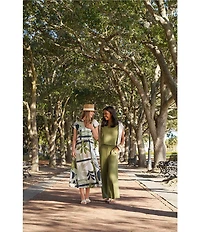 Feather Gray Olive Leafy Graphic Print Twofer Midi Dress