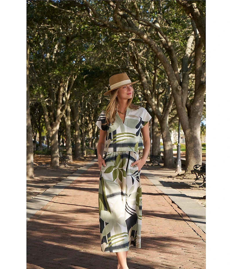 Feather Gray Olive Leafy Graphic Print Twofer Midi Dress